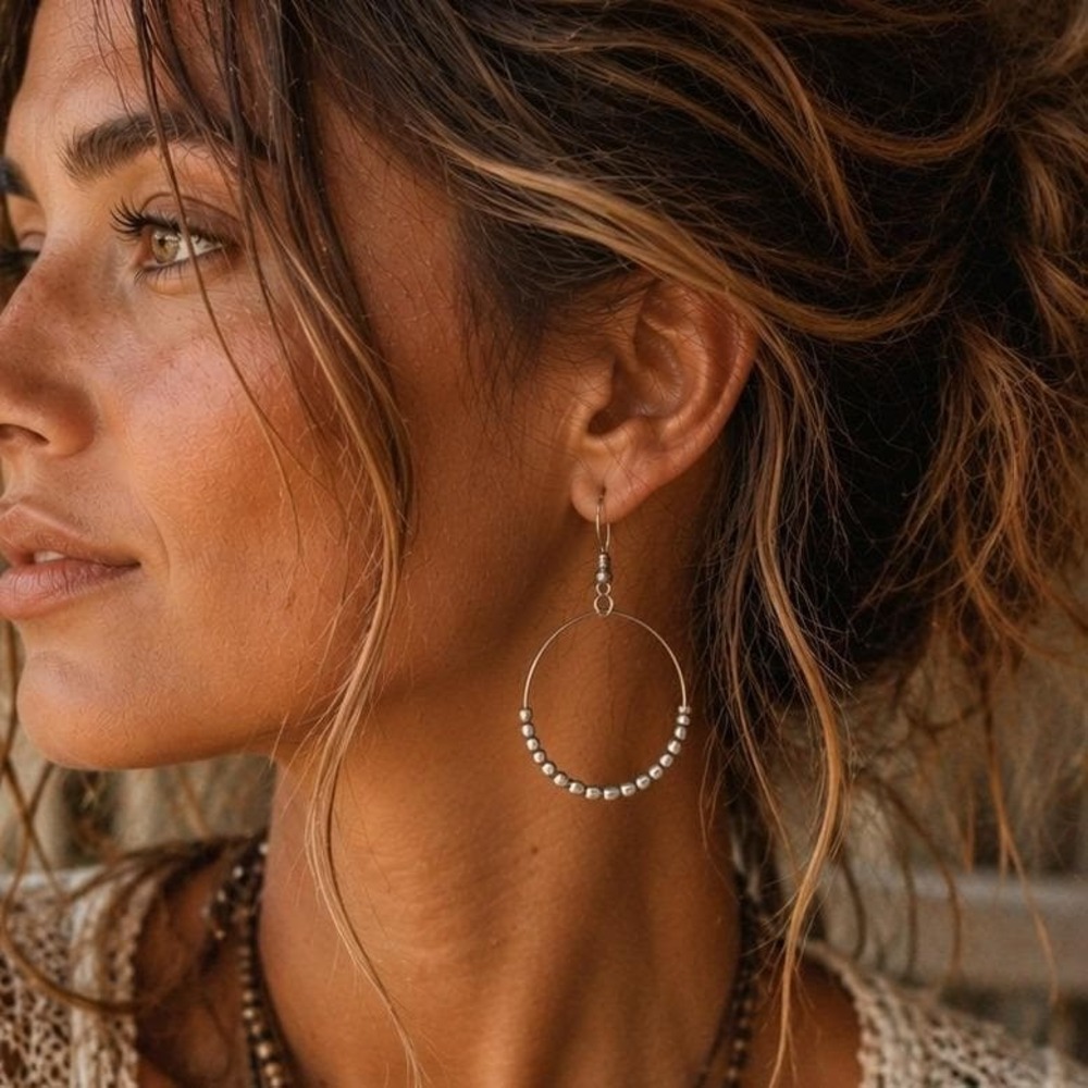 Y2K Silver Beaded‎ Hoop Dangle Earrings Boho Round Wire Fishhook Drop Accessory
